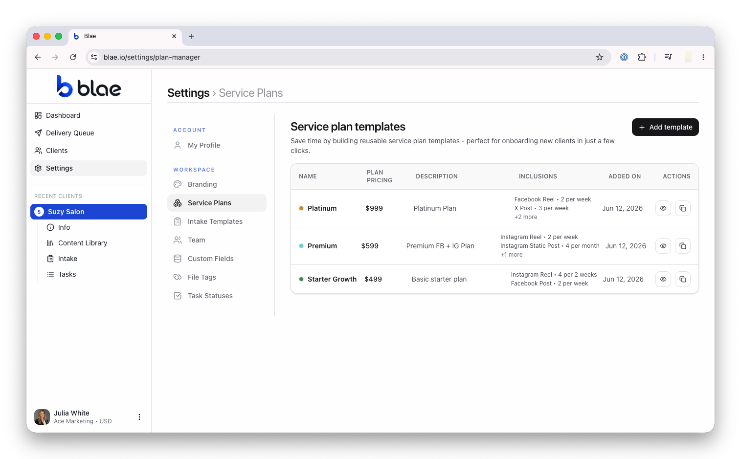 Blae service plans interface